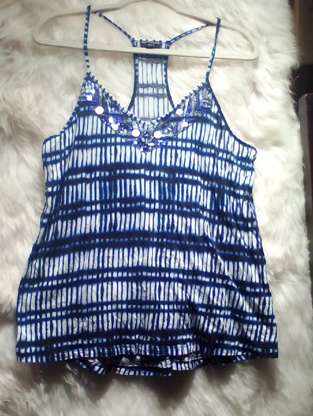 Express Blue and White Striped Sequin-Accent Racerback Cami